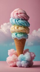 Three Colorful Ice Cream Cones Floating Amid Pink Clouds