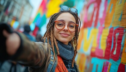 Empowering Selfie: Individual Advocating for Equality at Vibrant Public Event with Handmade Sign, Medium Shot