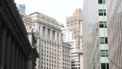 New York City Lower Manhattan, Downtown Financial District street architecture, United States. High-rise skyscrapers, residential and office buildings, american real estate or USA realty. Broadway.