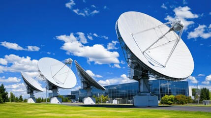 Satellite dishes positioned outdoors, capturing signals against a blue sky.