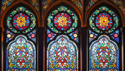 A vibrant stained glass design with intricate patterns and rich colors, resembling classic church or cathedral windows