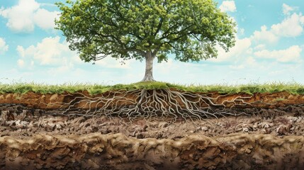 Obraz premium Tree with Roots in Soil Under Blue Sky