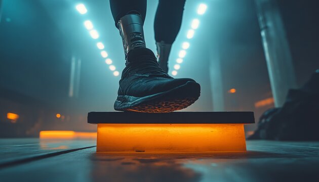 Striving for Balance: Determined Individual with Prosthetic Leg on Balance Beam - Ambition and Perseverance Displayed in Dynamic Shot - Powered by Adobe