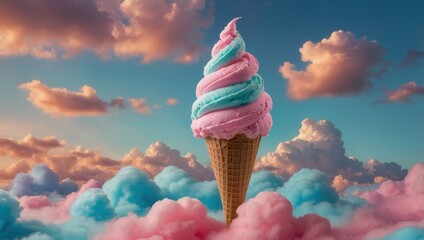 Large Ice Cream Cone with Colorful Scoops Surrounded by Pink Clouds