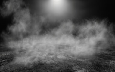 Fototapeta premium Foggy landscape on cracked ground with bright light above. Misty atmosphere in monochrome. Abstract natural scene for design and print.