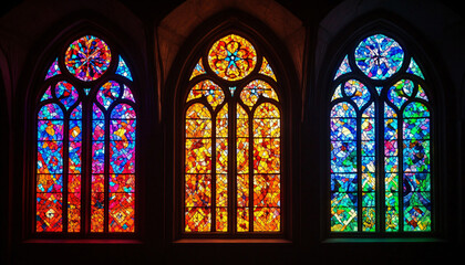 Fototapeta premium A vibrant stained glass design with intricate patterns and rich colors, resembling classic church or cathedral windows
