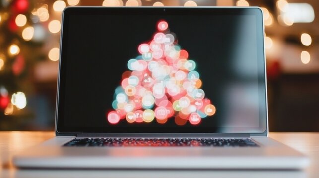 Minimalist Laptop Screen with Christmas Tree Made from Business Icons - Modern Festive Digital Concept