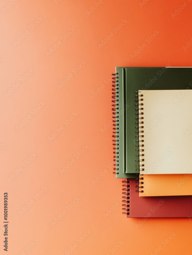 Aufkleber minimalist image of stacked spiral notebooks on bright orange background