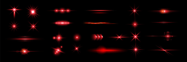 Red light effect reflections, neon illumination in red colors. Bright light lens. Police light effects, lines. Shiny stars, glowing sparks on a black background.
