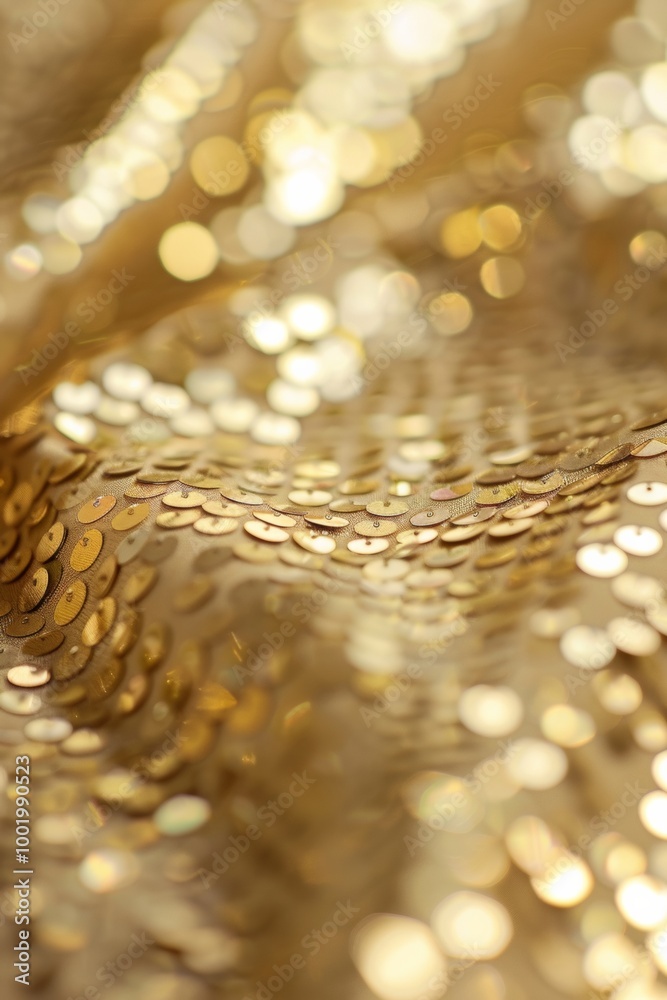 Poster close-up metallic gold sequin texture with dynamic shine in soft focus