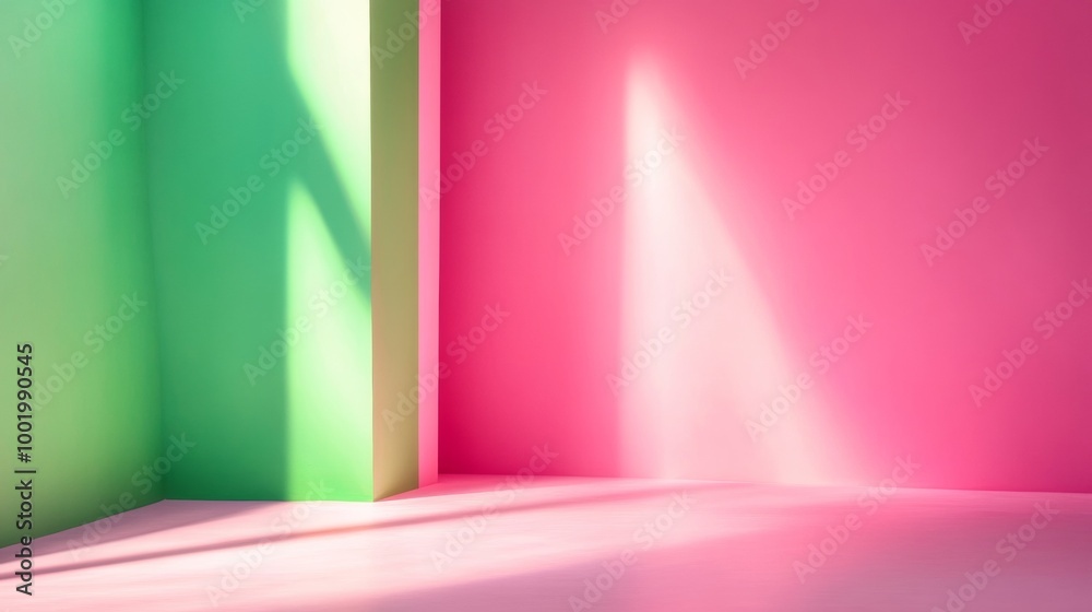Poster modern pastel studio with soft light beams and vibrant color contrast - wide low-angle view