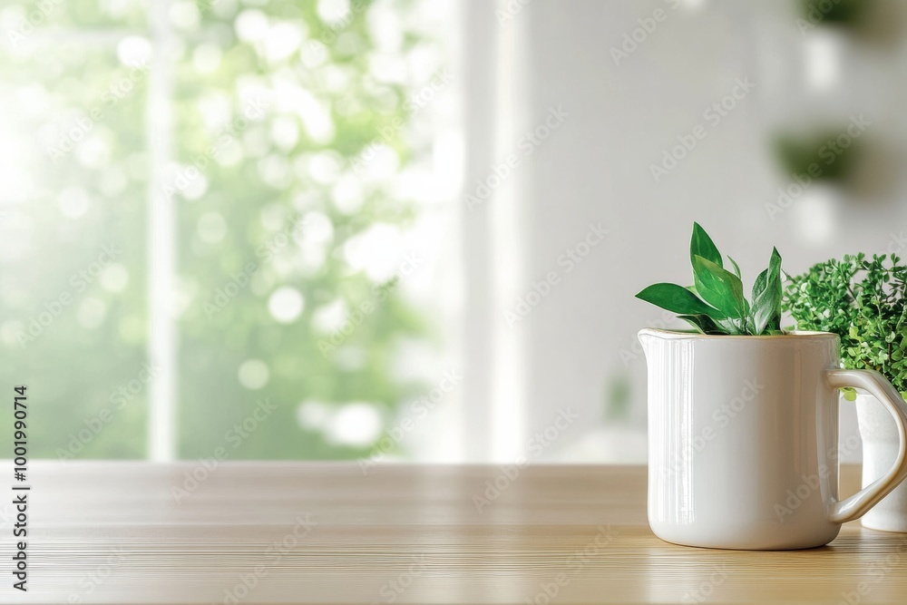 Poster minimalist white ceramic table surface in sunlit kitchen with fresh greenery and soft bokeh effect