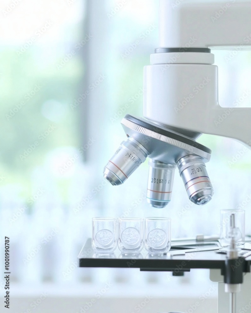 Poster female scientist using microscope in lab, examining monkeypox virus slides, medical research at dayt