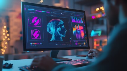 Fototapeta premium Cyberpunk Tech: A futuristic image depicting a person working on a computer with a neon-lit interface, showcasing a 3D head scan, data analysis, and digital innovation. 