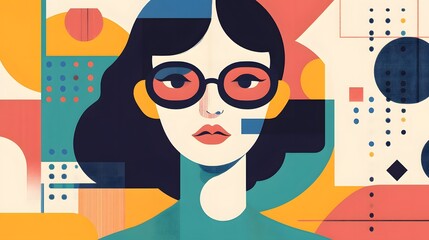 Bold and Bright: A stylish woman with a piercing gaze, framed by bold geometric shapes in vibrant colors, creates a striking and contemporary visual.