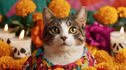 Cat wearing a colorful papel picado cape, surrounded by marigolds and candles on a Day of the Dead altar