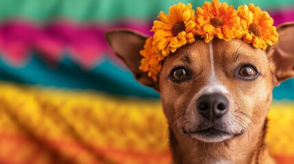 Dog wearing a marigold crown and sugar skull costume, sitting next to a brightly decorated Day of the Dead altar