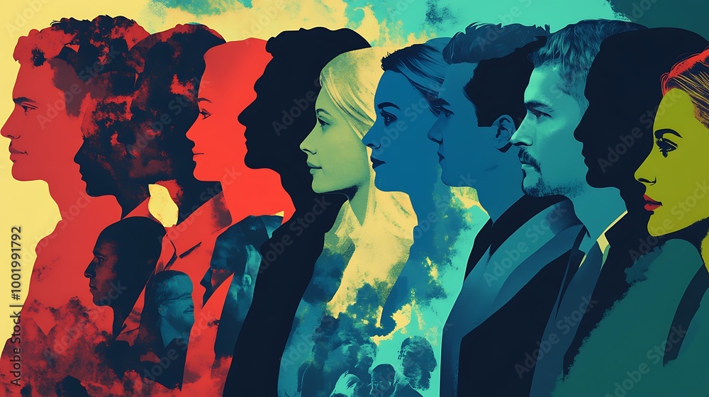 Aufkleber Side view of a diverse group of people in a colorful abstract background.