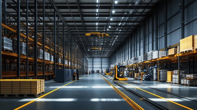 Advanced warehouse with automated sorting systems and robotic arms, showcasing the future of logistics technology