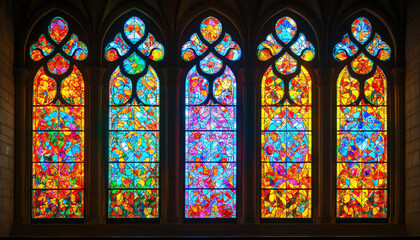 Fototapeta premium A vibrant stained glass design with intricate patterns and rich colors, resembling classic church or cathedral windows