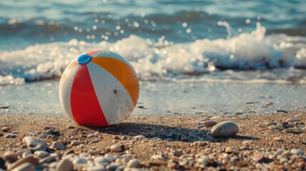 Obraz premium Colorful Beach Ball on Sandy Shoreline by the Ocean
