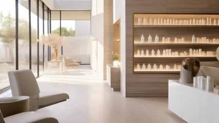 Sunlight streaming through large windows illuminating a modern and minimalist beauty salon interior with product display shelves, waiting area, and neutral colors