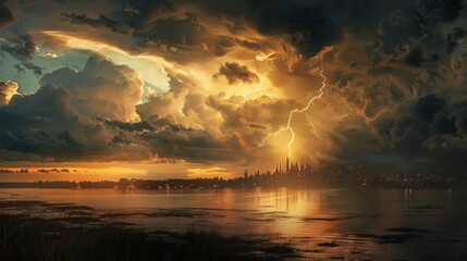 Dramatic Storm Over a Serene Lake at Sunset