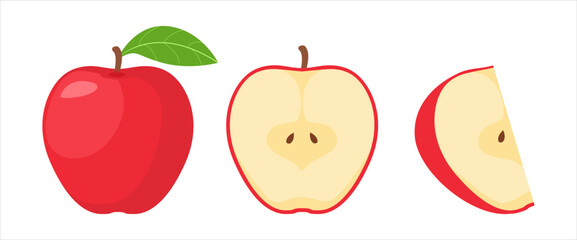 whole and half sliced red apple vector illustration, healthy sweet fruits
