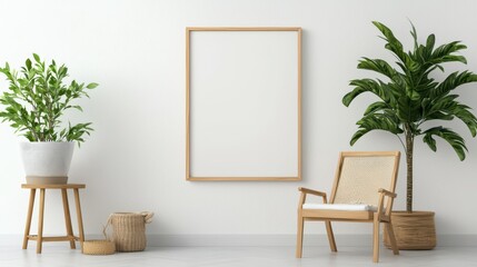 Minimalist interior with plants and blank frame on wall
