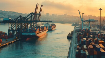 Busy port terminal with cranes and container ships, highlighting the logistics of global trade
