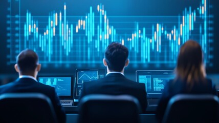 Professionals analyzing financial data on multiple screens in a darkened office during a business meeting