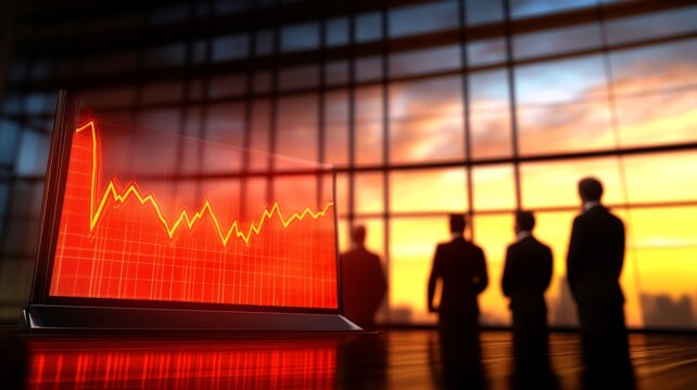 Silhouetted business professionals observing a declining financial chart against a sunset backdrop in an office