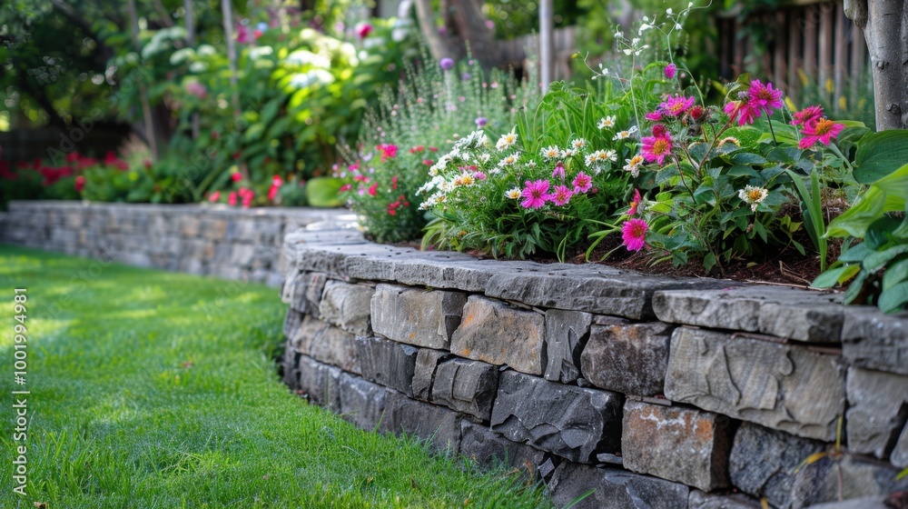 Canvas Prints Vibrant Flower Garden with Stone Retaining Wall