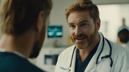 A friendly doctor engages with a patient in a modern hospital setting during a routine check-up, showcasing compassionate healthcare