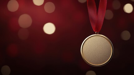 Gold medal with red ribbon against a blurred background