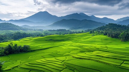 Obraz premium Lush green terraced rice fields under a cloudy sky