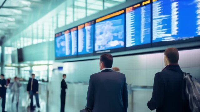 Two businessmen are walking through a busy airport terminal, checking the flight information boards to find their departure gate