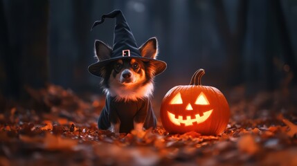 Naklejka premium Adorable dog in witch hat beside a glowing pumpkin