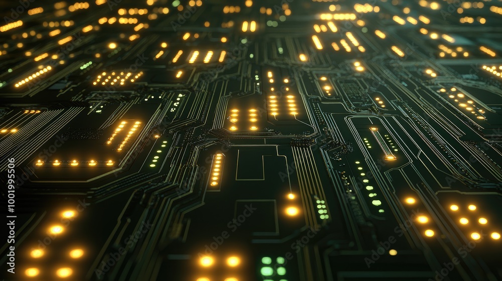 Poster circuit board pattern with glowing nodes, symbolizing the complexity of modern digital systems.