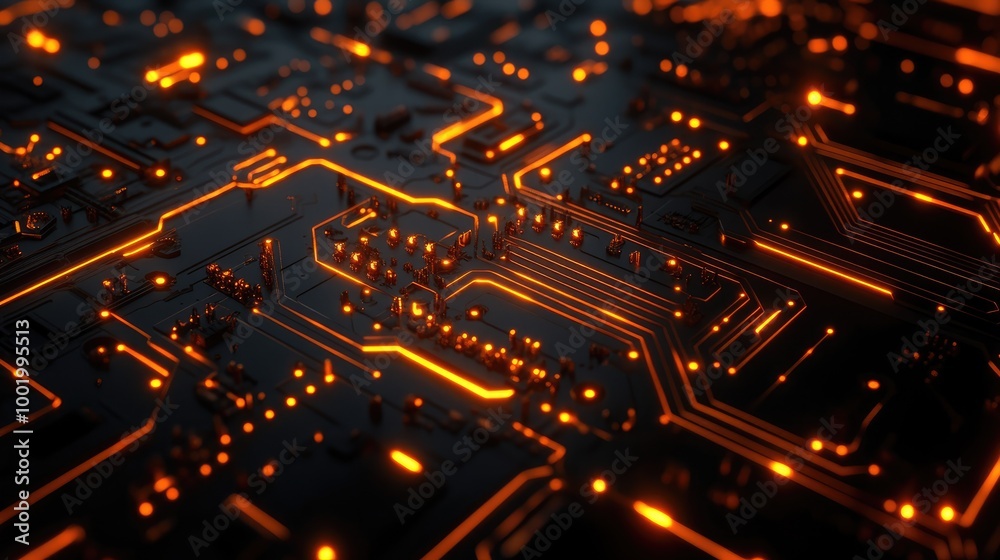 Poster circuit board pattern with glowing nodes, symbolizing the complexity of modern digital systems.