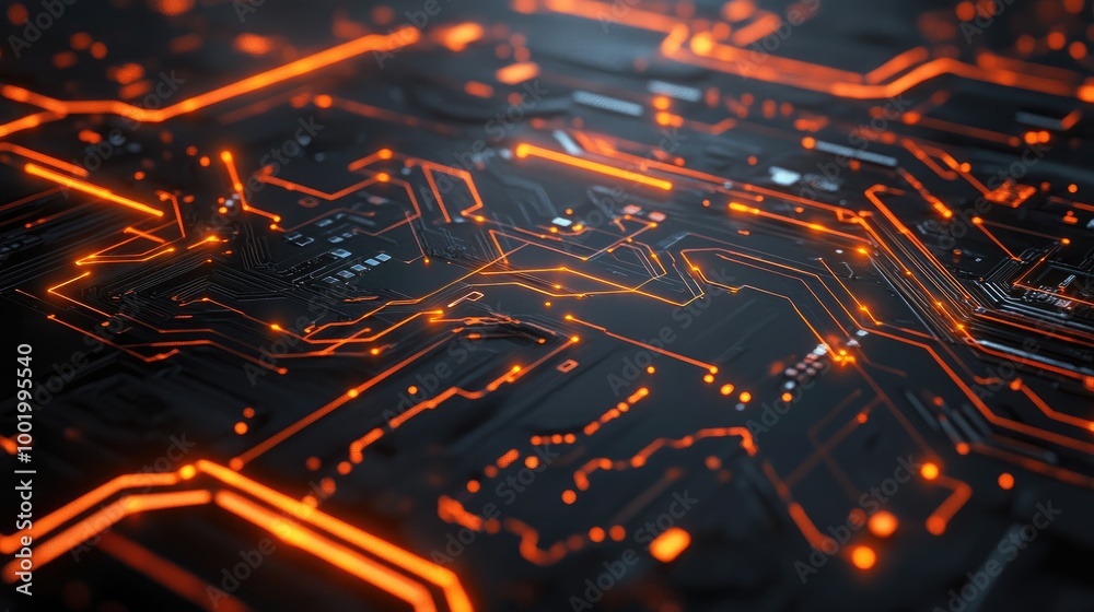 Poster circuit board pattern with glowing nodes, symbolizing the complexity of modern digital systems.