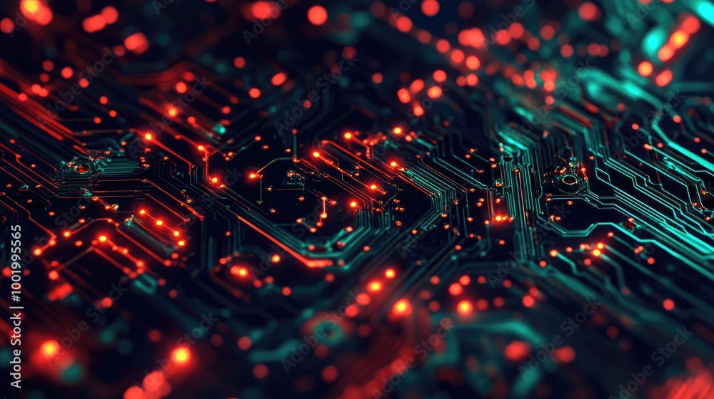 Poster circuit board pattern with glowing nodes, symbolizing the complexity of modern digital systems.