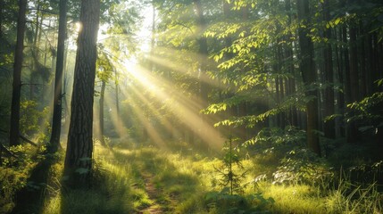 Obraz premium Sunlight Filtering Through Lush Green Forest