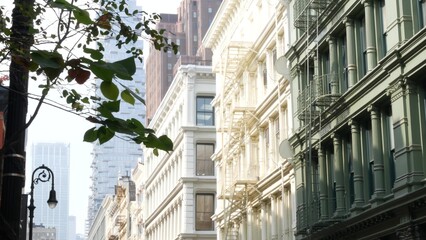 New York City Manhattan Soho fashion district near Broadway street. USA urban building facade, old american architecture. Shopping in NYC, United States. Business and residential real estate. Lantern