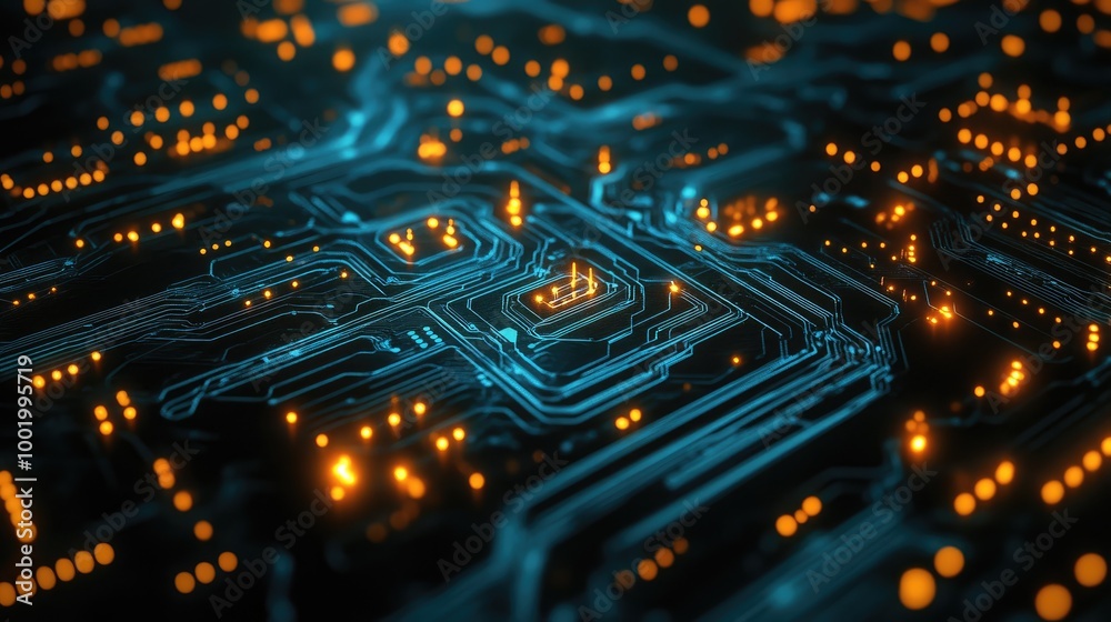 Poster circuit board pattern with glowing nodes, symbolizing the complexity of modern digital systems.