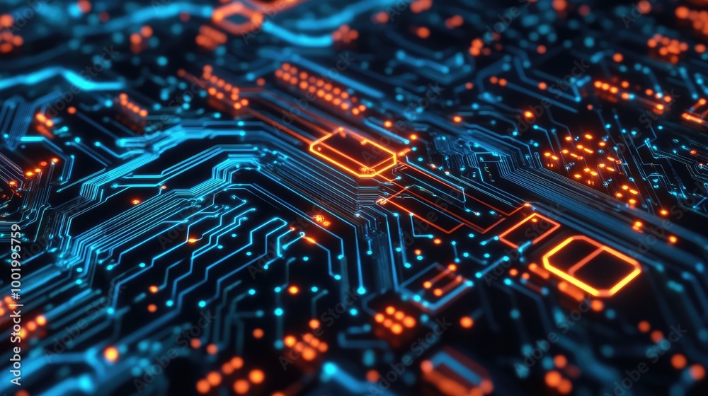 Poster circuit board pattern with glowing nodes, symbolizing the complexity of modern digital systems.