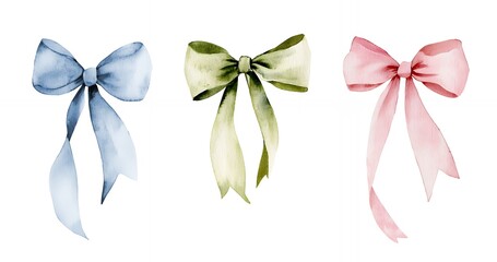Three watercolor bows in blue, green, and pink. Perfect for adding a touch of elegance to your designs.
