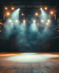 a closeup of an empty musician stage with moody lighting from above, shot from low leve