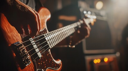Naklejka premium A detailed closeup shot of a bassists hands skillfully playing the bass guitar