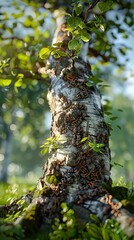 Close-Up View of a Birch Tree Trunk with Sunlight Filtering Through the Leaves